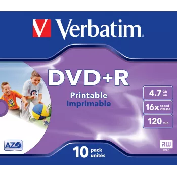 Verbatim DVD+R Wide Inkjet Printable ID Brand, DVD+R, 120 mm, imprimível, caixa de jóia, 10 unid., 4,7 GB