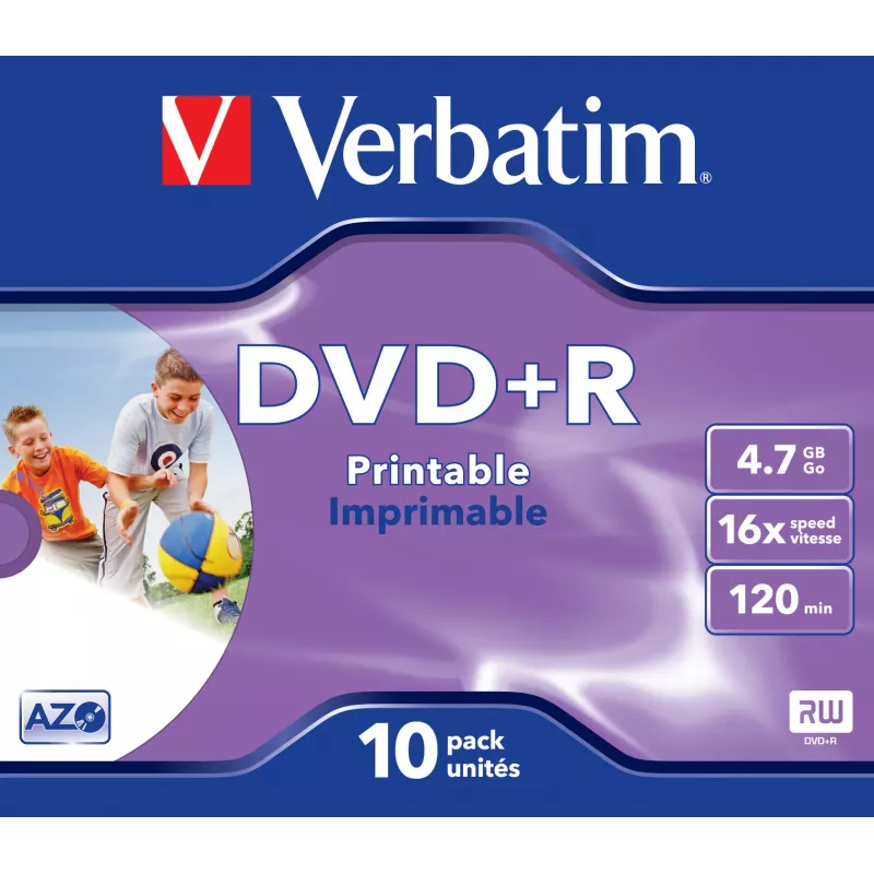 Verbatim DVD+R Wide Inkjet Printable ID Brand, DVD+R, 120 mm, imprimível, caixa de jóia, 10 unid., 4,7 GB
