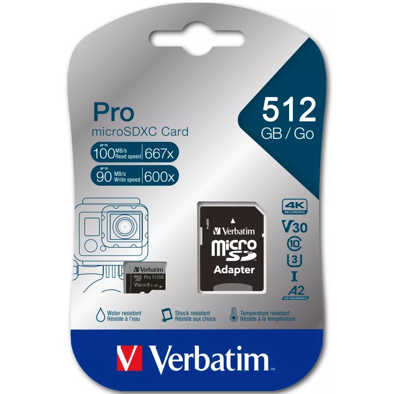 Verbatim Pro U3 512GB cartão Micro SDXC, 512 GB, MicroSDXC, Class 10, UHS-I, 100 MB/s, 90 MB/s
