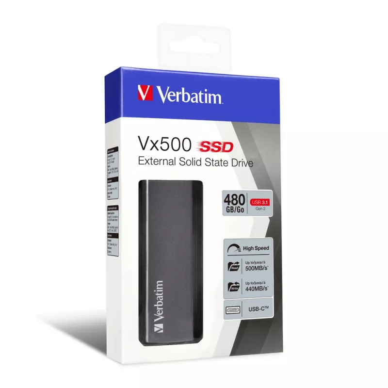 SSD externo Verbatim Vx500 USB 3.1 Gen 2 480 GB, 480 GB, USB Type-C, 3.2 Gen 2 (3.1 Gen 2), 500 MB/s, prateado