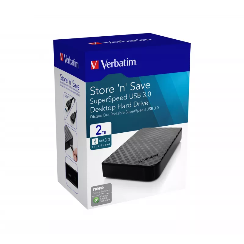 Verbatim Store 'n' Save 2TB USB 3.0, 2 TB, 3.2 Gen 1 (3.1 Gen 1), preto