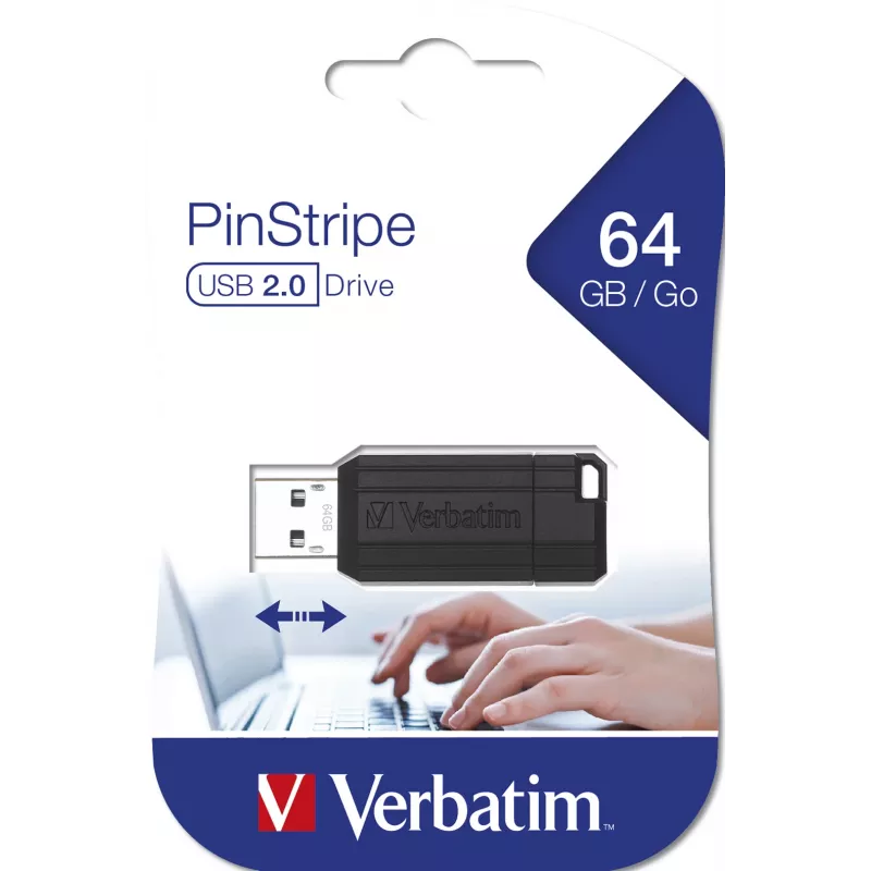 Verbatim PinStripe - Pen drive 64 GB - preto, 64 GB, USB Type-A, 2.0, 10 MB/s, Slide, preto