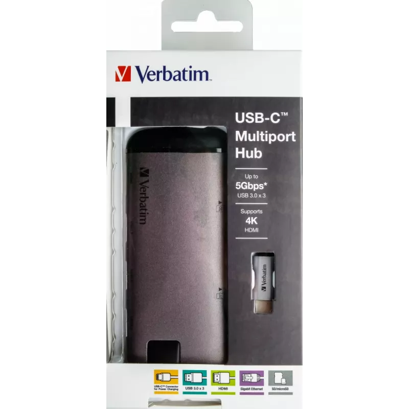 Dock/Replicador de portas para portátil Verbatim 49142 USB 3.2 Gen 1 (3.1 Gen 1) Type-C preto, prateado