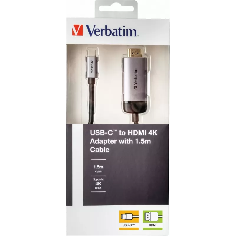 Adaptador de cabo de vídeo Verbatim 49144 1,5 m USB Type-C HDMI preto, prateado