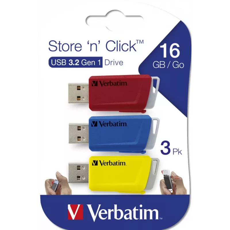Verbatim Store 'n' Click - Pen drive USB 2.0 3.2 GEN1 - 3x16 GB - vermelho/azul/amarelo