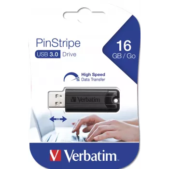 Verbatim PinStripe 3.0 - Pen drive USB 3.0 16 GB – preto, 16 GB, USB Type-A, 3.2 Gen 1 (3.1 Gen 1), Slide, 7 g, preto
