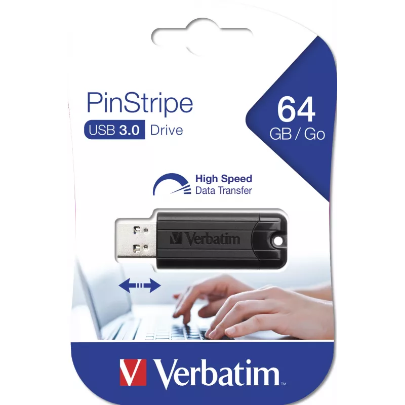 Verbatim PinStripe 3.0 - Pen drive USB 3.0 64 GB – preto, 64 GB, USB Type-A, 3.2 Gen 1 (3.1 Gen 1), Slide, 7 g, preto