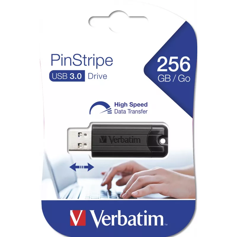 Verbatim PinStripe 3.0 - Pen drive USB 3.0 256 GB – preto, 256 GB, USB Type-A, 3.2 Gen 1 (3.1 Gen 1), Slide, 7 g, preto