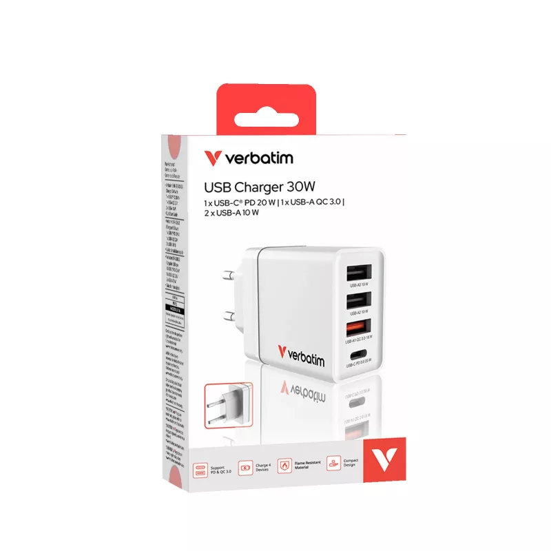 Carregador rápido AC Verbatim 49700 universal branco para interior
