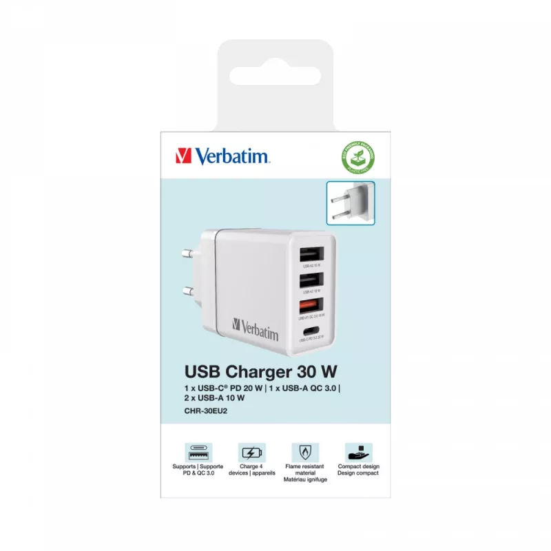 Carregador rápido AC Verbatim 49700 universal branco para interior