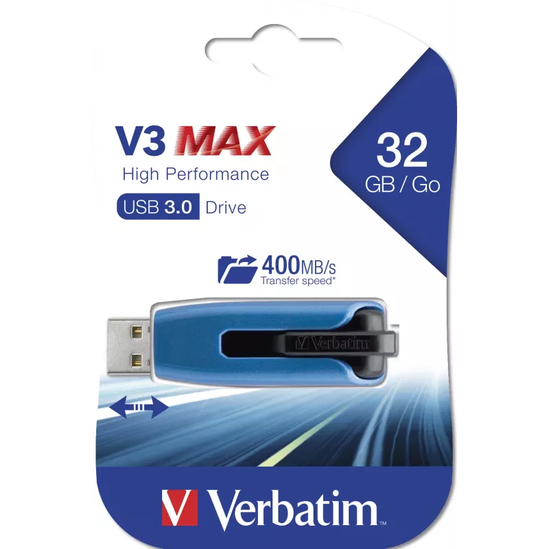 Pen drive Verbatim V3 MAX USB 3.0 32 GB - azul, 32 GB, USB Type-A, 3.2 Gen 1 (3.1 Gen 1), 175 MB/s, Slide, azul