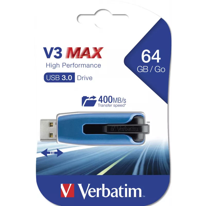 Pen drive Verbatim V3 MAX USB 3.0 64 GB - azul, 64 GB, USB Type-A, 3.2 Gen 1 (3.1 Gen 1), Slide, 10 g, azul