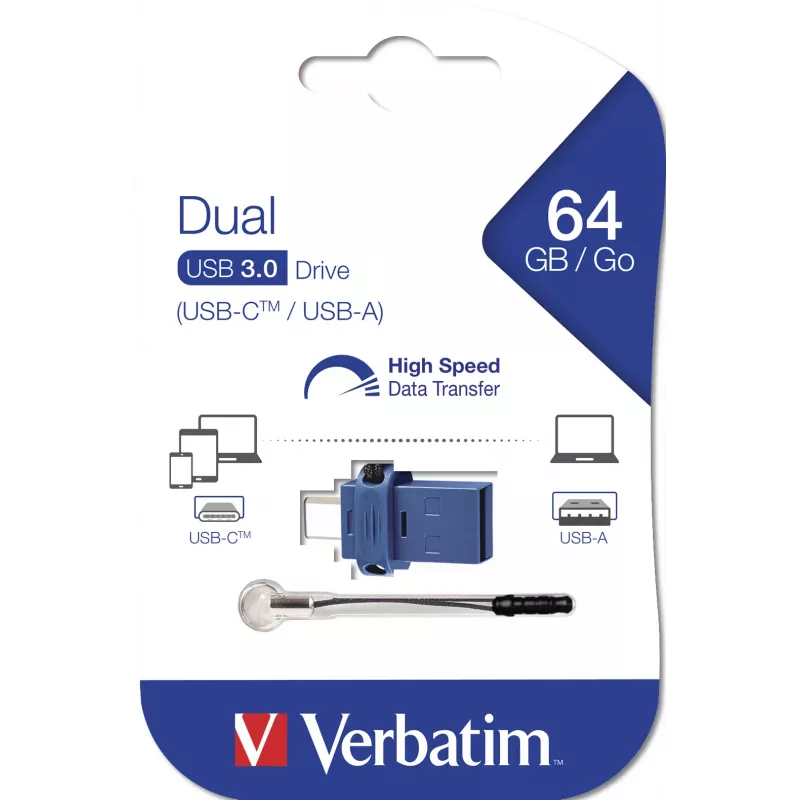 Verbatim Dual - unidade USB 3.0 64 GB - USB-C / USB-A - azul