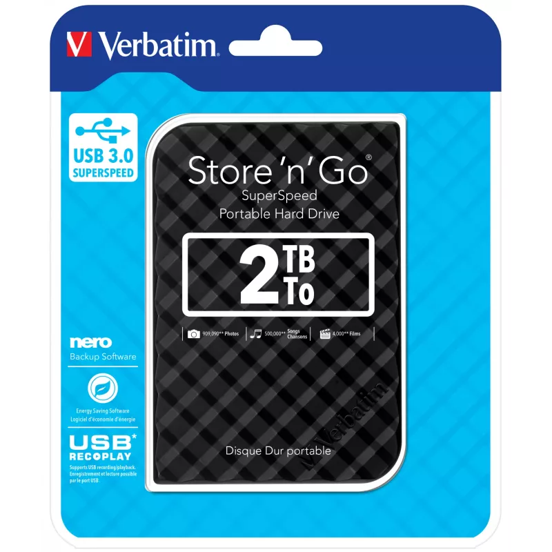 Verbatim Store 'n' Go USB 3.0 disco rígido 2TB preto, 2 TB, 3.2 Gen 1 (3.1 Gen 1), 5400 rpm, preto