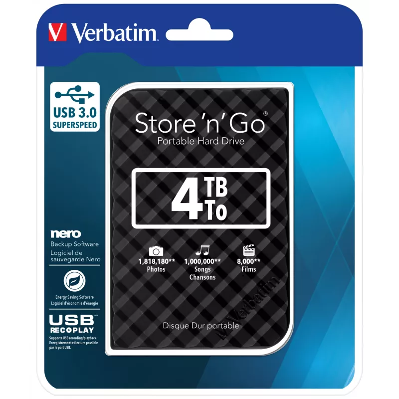 Verbatim Store 'n' Go disco USB 3.0 4 TB preto, 4 TB, 3.2 Gen 1 (3.1 Gen 1), 5400 RPM, preto
