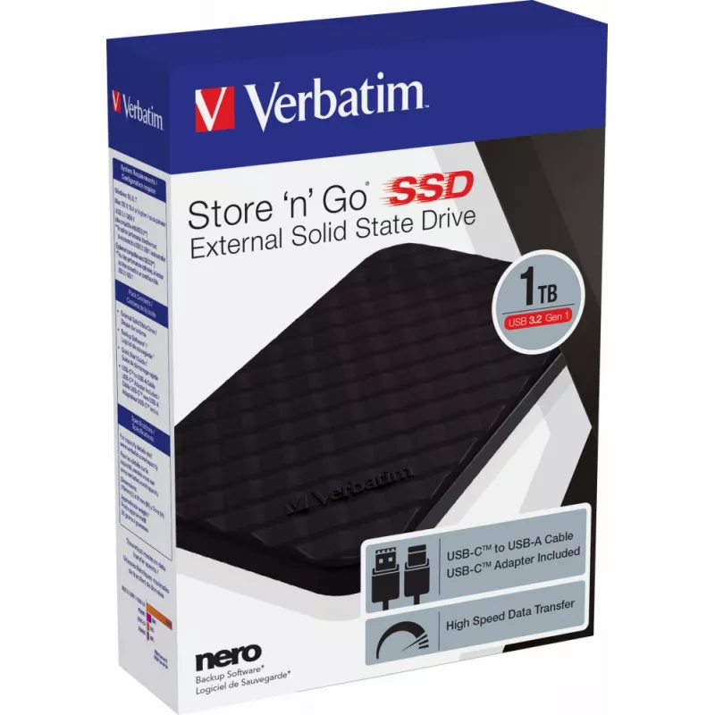 Verbatim Store 'n' Go SSD portátil USB 3.2 GEN 1 1TB, 1 TB, USB Type-C, 3.2 Gen 1 (3.1 Gen 1), preto