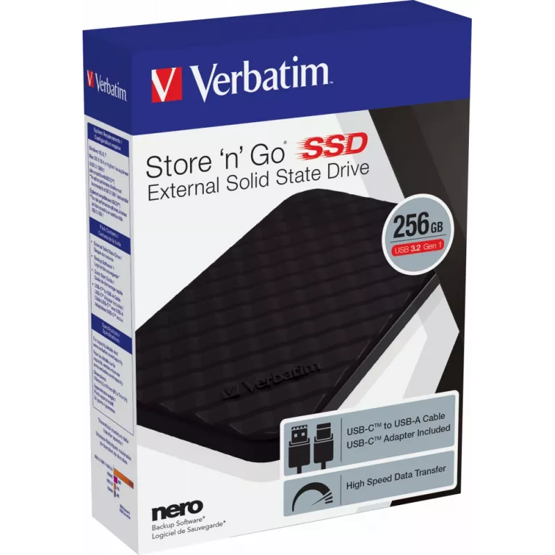 Verbatim Store 'n' Go SSD portátil USB 3.2 GEN 1 256GB, 256 GB, USB Type-C, 3.2 Gen 1 (3.1 Gen 1), preto