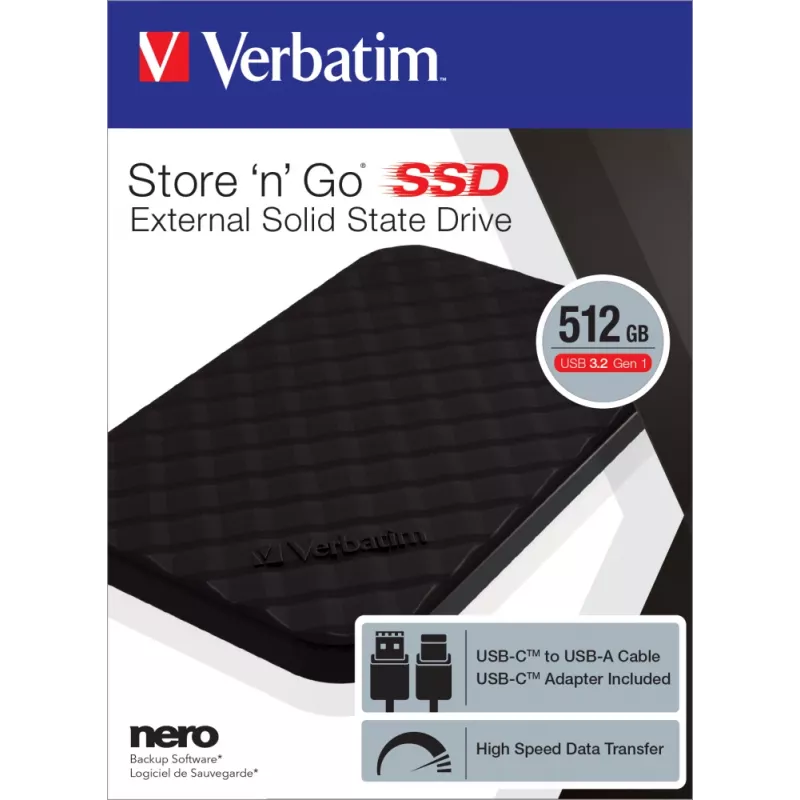 Verbatim Store 'n' Go SSD portátil USB 3.2 GEN 1 512GB, 512 GB, USB Type-C, 3.2 Gen 1 (3.1 Gen 1), preto