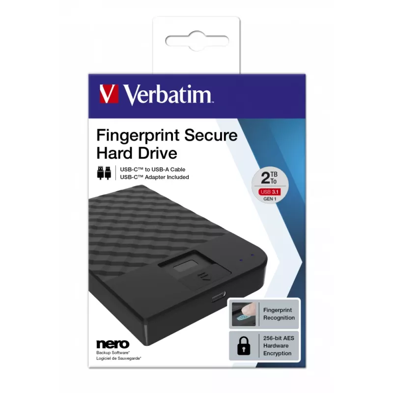 Verbatim disco rígido portátil com leitor de impressões digitais 2TB, 2 TB, 3.2 Gen 1 (3.1 Gen 1), preto