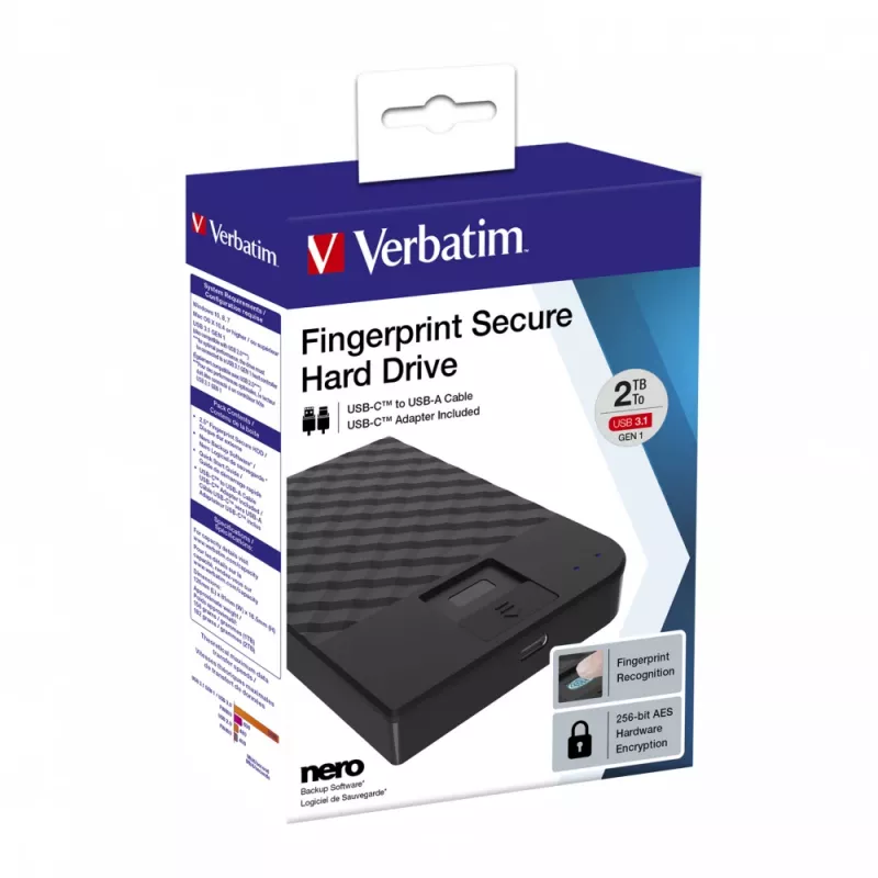 Verbatim disco rígido portátil com leitor de impressões digitais 2TB, 2 TB, 3.2 Gen 1 (3.1 Gen 1), preto
