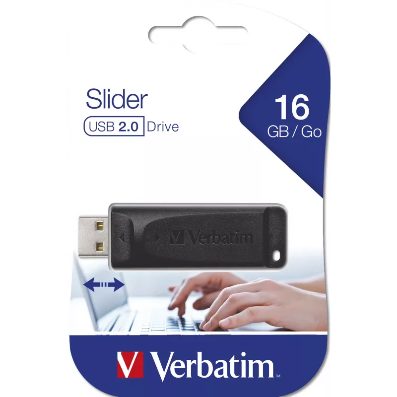 Verbatim Slider - Pen drive 16 GB - preto, 16 GB, USB Type-A, 2.0, 10 MB/s, Slide, preto