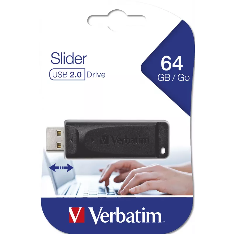 Verbatim Slider - Pen drive 64 GB - preto, 64 GB, USB Type-A, 2.0, 10 MB/s, Slide, preto