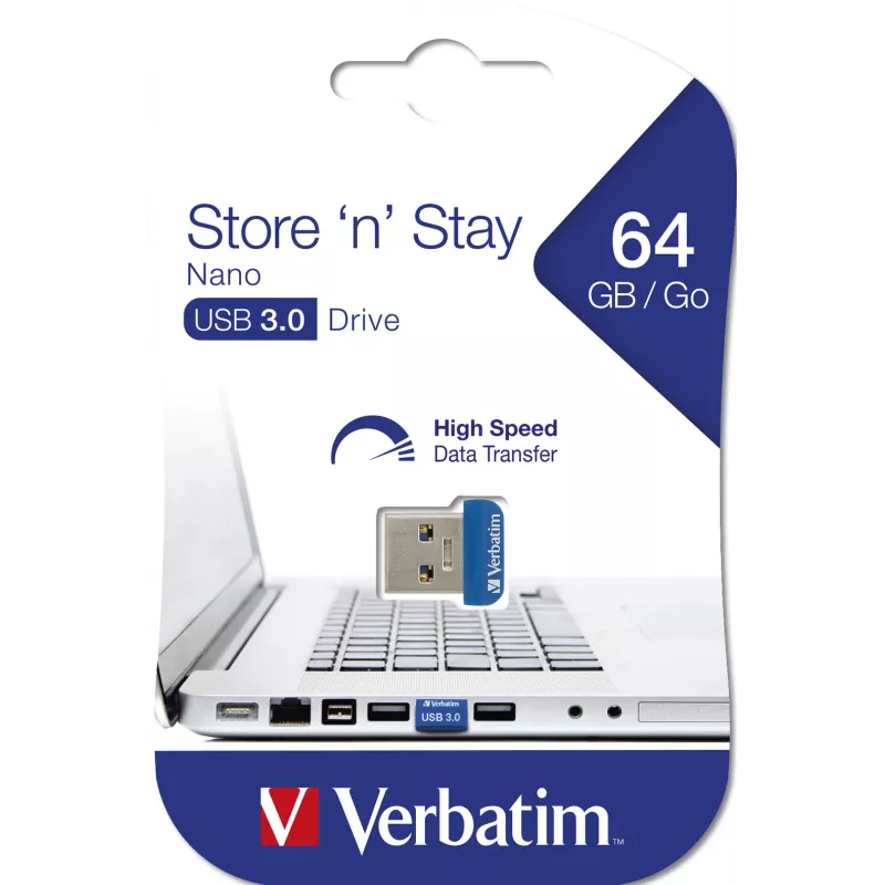 Verbatim Store 'n' Stay NANO - Pen drive USB 3.0 64 GB - azul, 64 GB, USB Type-A, 3.2 Gen 1 (3.1 Gen 1), com tampa, 3 g, azul