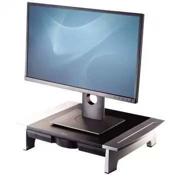 Suporte para monitor de computador Fellowes com 5 regulações de altura - elevação de monitor Office Suites com compartimento de arrumação - suporte para monitor ergonómico ajustável para computador - peso máx. 36 kg/tamanho máx. 28 polegadas - grafite