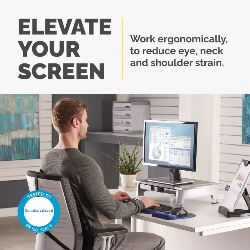 Suporte para monitor de computador Fellowes com 5 regulações de altura - elevação de monitor Office Suites com compartimento de arrumação - suporte para monitor ergonómico ajustável para computador - peso máx. 36 kg/tamanho máx. 28 polegadas - grafite