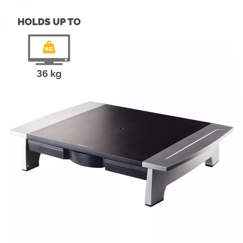 Suporte para monitor de computador Fellowes com 5 regulações de altura - elevação de monitor Office Suites com compartimento de arrumação - suporte para monitor ergonómico ajustável para computador - peso máx. 36 kg/tamanho máx. 28 polegadas - grafite