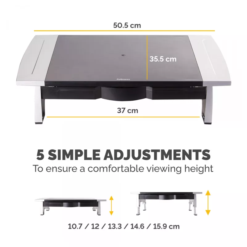 Suporte para monitor de computador Fellowes com 5 regulações de altura - elevação de monitor Office Suites com compartimento de arrumação - suporte para monitor ergonómico ajustável para computador - peso máx. 36 kg/tamanho máx. 28 polegadas - grafite