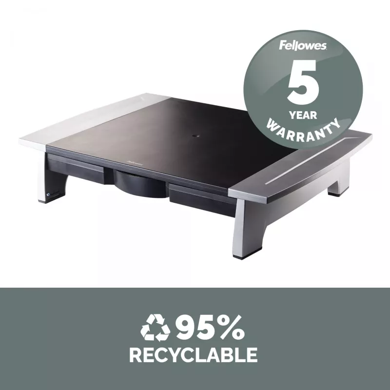 Suporte para monitor de computador Fellowes com 5 regulações de altura - elevação de monitor Office Suites com compartimento de arrumação - suporte para monitor ergonómico ajustável para computador - peso máx. 36 kg/tamanho máx. 28 polegadas - grafite