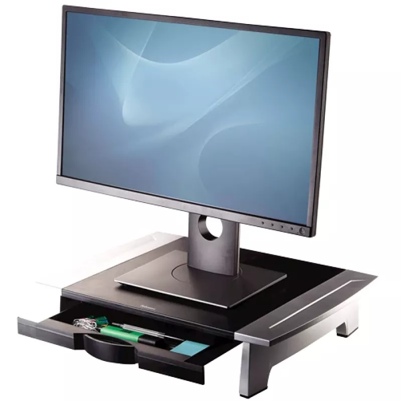 Suporte para monitor de computador Fellowes com 5 regulações de altura - elevação de monitor Office Suites com compartimento de arrumação - suporte para monitor ergonómico ajustável para computador - peso máx. 36 kg/tamanho máx. 28 polegadas - grafite
