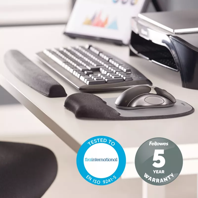 Tapete de rato com apoio de pulso Fellowes Mouse Mat Wrist Support - tapete de rato em espuma viscoelástica com almofada macia - tapete de rato ergonómico para computador, portátil, home office - compatível com ratos laser e óticos - prata