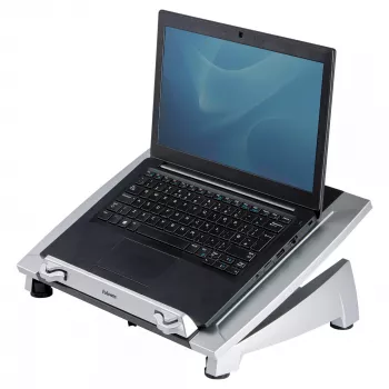 Suporte para portátil de secretária Fellowes – suporte para portátil ajustável Office Suites Plus para casa e escritório – elevação de portátil com 5 regulações de altura – tamanho máx. de ecrã 17 polegadas, peso máx. 5 kg – preto/prateado