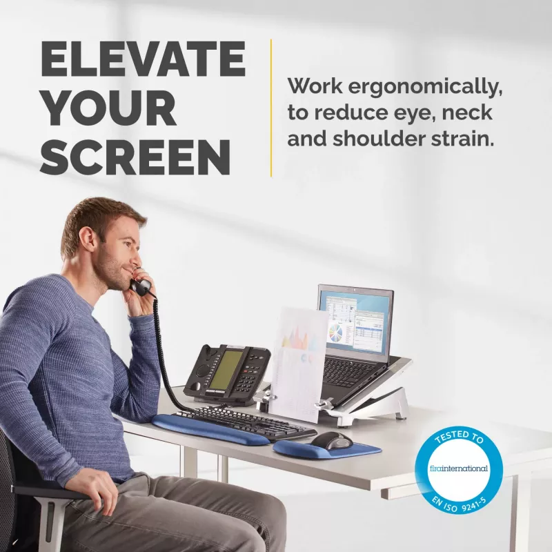 Suporte para portátil de secretária Fellowes – suporte para portátil ajustável Office Suites Plus para casa e escritório – elevação de portátil com 5 regulações de altura – tamanho máx. de ecrã 17 polegadas, peso máx. 5 kg – preto/prateado