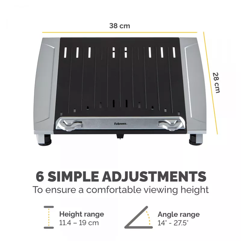Suporte para portátil de secretária Fellowes – suporte para portátil ajustável Office Suites Plus para casa e escritório – elevação de portátil com 5 regulações de altura – tamanho máx. de ecrã 17 polegadas, peso máx. 5 kg – preto/prateado