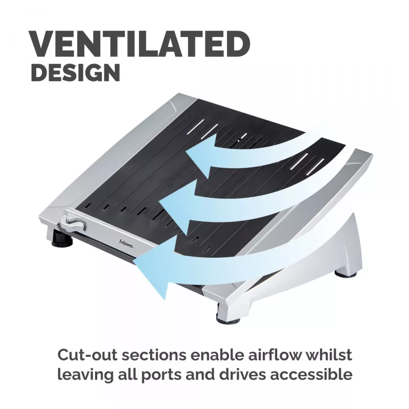 Suporte para portátil de secretária Fellowes – suporte para portátil ajustável Office Suites Plus para casa e escritório – elevação de portátil com 5 regulações de altura – tamanho máx. de ecrã 17 polegadas, peso máx. 5 kg – preto/prateado