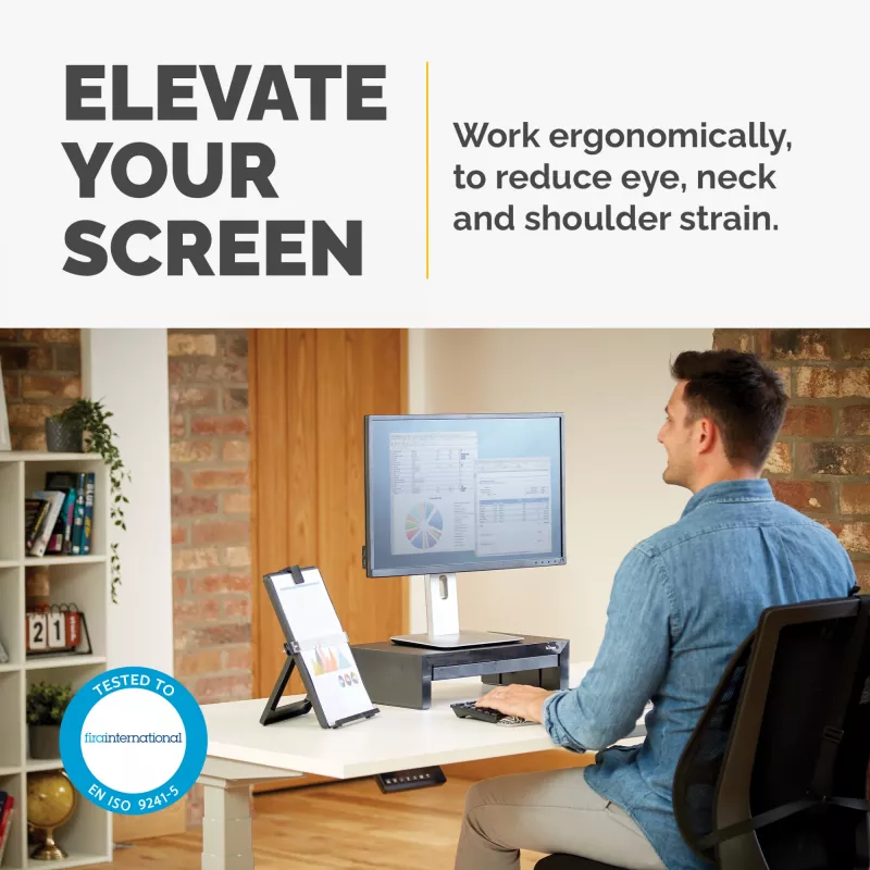 Suporte para monitor de computador Fellowes com 3 regulações de altura - elevação de monitor Designer Suites com compartimento de arrumação - suporte para monitor ergonómico ajustável para computador - peso máx. 18 kg / tamanho máx. 21 polegadas - preto/branco pérola