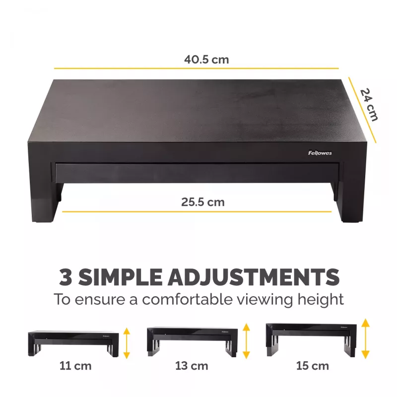 Suporte para monitor de computador Fellowes com 3 regulações de altura - elevação de monitor Designer Suites com compartimento de arrumação - suporte para monitor ergonómico ajustável para computador - peso máx. 18 kg / tamanho máx. 21 polegadas - preto/branco pérola