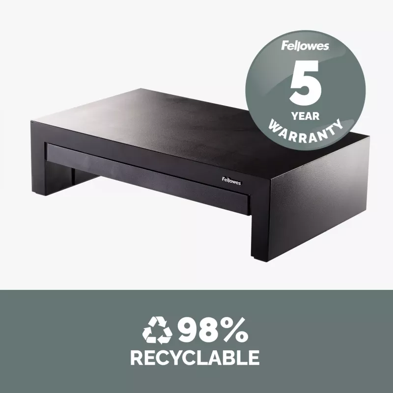 Suporte para monitor de computador Fellowes com 3 regulações de altura - elevação de monitor Designer Suites com compartimento de arrumação - suporte para monitor ergonómico ajustável para computador - peso máx. 18 kg / tamanho máx. 21 polegadas - preto/branco pérola