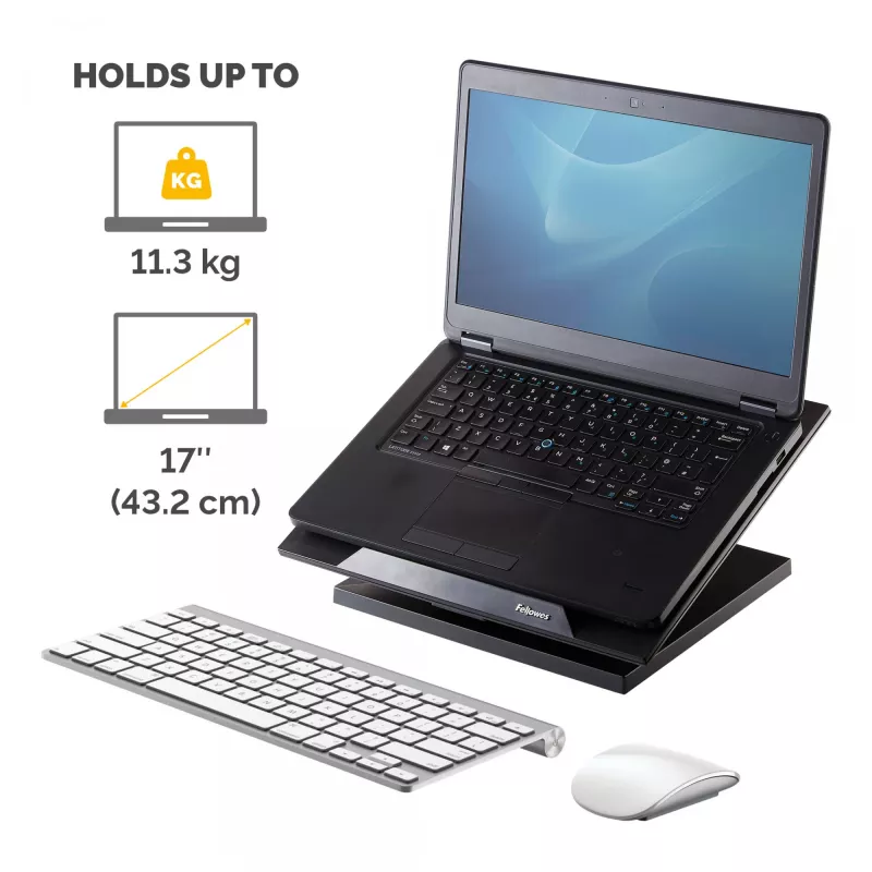 Suporte para portátil Fellowes Designer Suites, suporte para portátil, preto, plástico, 43,2 cm (17 polegadas), 11,3 kg, FIRA International, EN ISO 9241-5