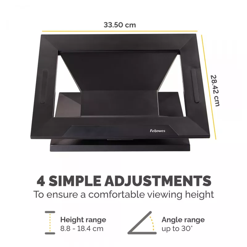 Suporte para portátil Fellowes Designer Suites, suporte para portátil, preto, plástico, 43,2 cm (17 polegadas), 11,3 kg, FIRA International, EN ISO 9241-5