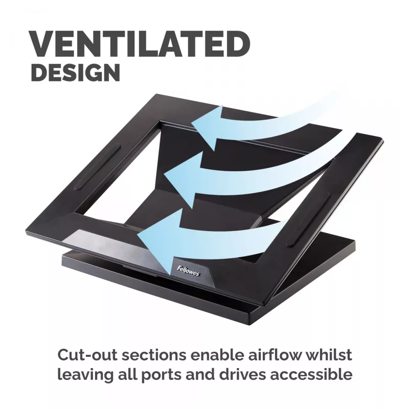 Suporte para portátil Fellowes Designer Suites, suporte para portátil, preto, plástico, 43,2 cm (17 polegadas), 11,3 kg, FIRA International, EN ISO 9241-5