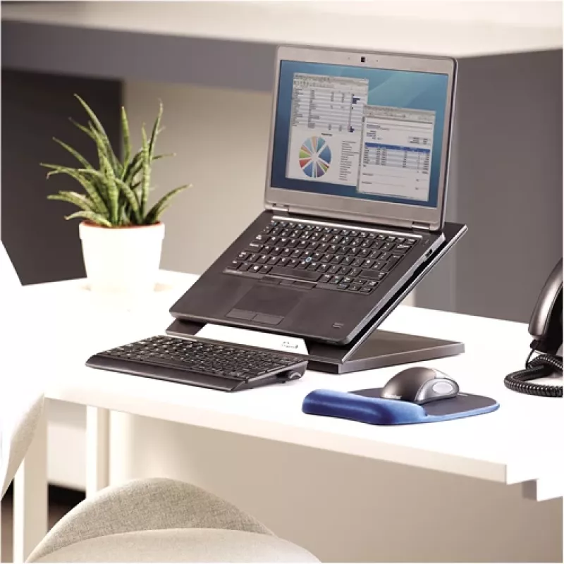 Suporte para portátil Fellowes Designer Suites, suporte para portátil, preto, plástico, 43,2 cm (17 polegadas), 11,3 kg, FIRA International, EN ISO 9241-5