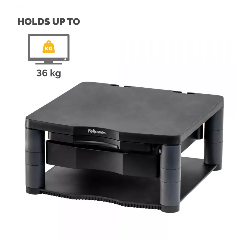 Suporte para monitor de computador Fellowes com 3 regulações de altura – Premium Monitor Riser Plus com gestão de cabos – suporte para monitor ergonómico ajustável para computador – peso máx. 36 kg / tamanho máx. 21 polegadas – grafite
