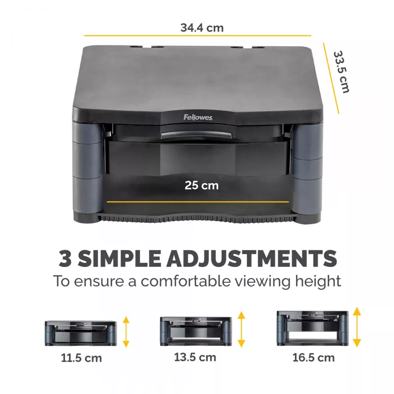 Suporte para monitor de computador Fellowes com 3 regulações de altura – Premium Monitor Riser Plus com gestão de cabos – suporte para monitor ergonómico ajustável para computador – peso máx. 36 kg / tamanho máx. 21 polegadas – grafite