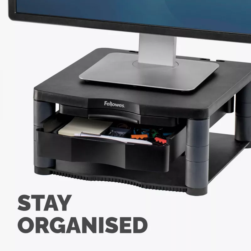 Suporte para monitor de computador Fellowes com 3 regulações de altura – Premium Monitor Riser Plus com gestão de cabos – suporte para monitor ergonómico ajustável para computador – peso máx. 36 kg / tamanho máx. 21 polegadas – grafite