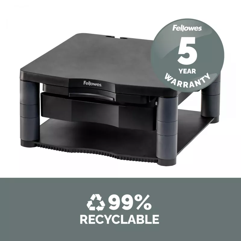 Suporte para monitor de computador Fellowes com 3 regulações de altura – Premium Monitor Riser Plus com gestão de cabos – suporte para monitor ergonómico ajustável para computador – peso máx. 36 kg / tamanho máx. 21 polegadas – grafite
