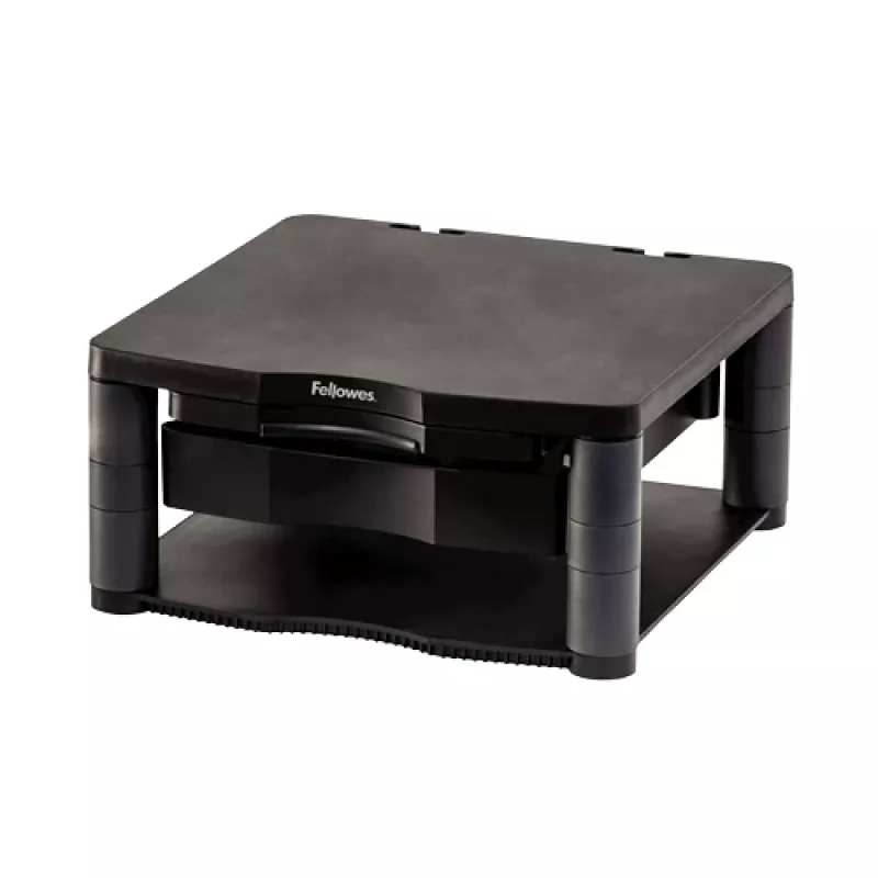 Suporte para monitor de computador Fellowes com 3 regulações de altura – Premium Monitor Riser Plus com gestão de cabos – suporte para monitor ergonómico ajustável para computador – peso máx. 36 kg / tamanho máx. 21 polegadas – grafite